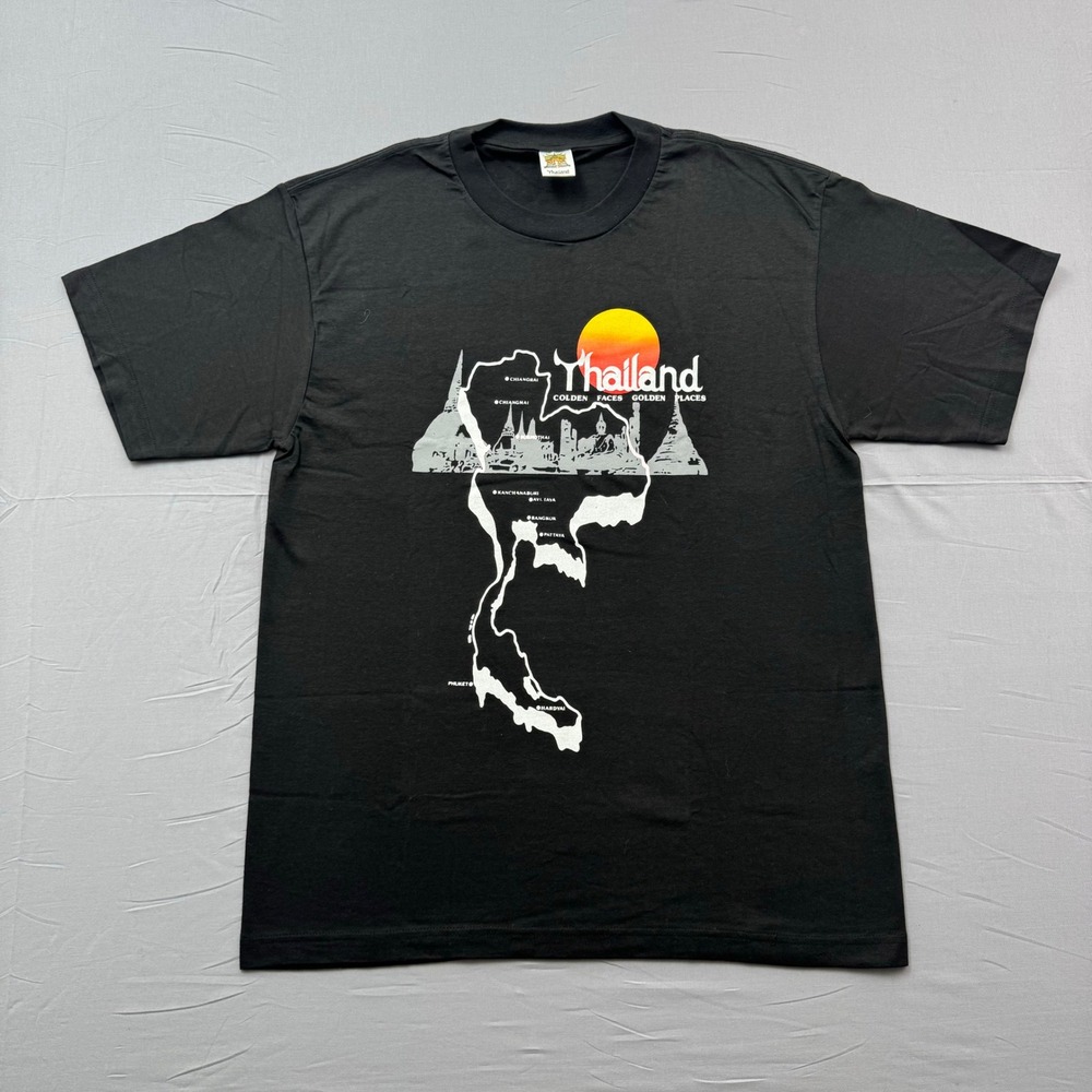 Thailand Souvenir Graphic‎ T-Shirt Black Golden Faces Golden Places Map Mens L